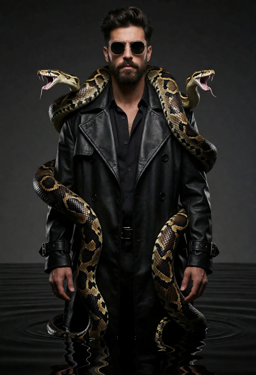 Man in black trench coat surrounded by snakes standing in dark reflective - AI generated image prompt sample