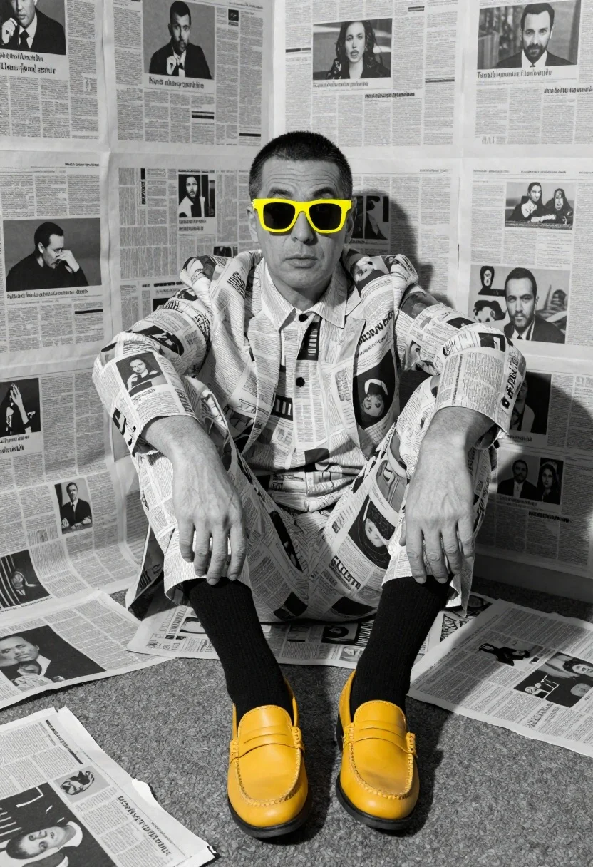 Man in monochrome suit with yellow accents studio portrait