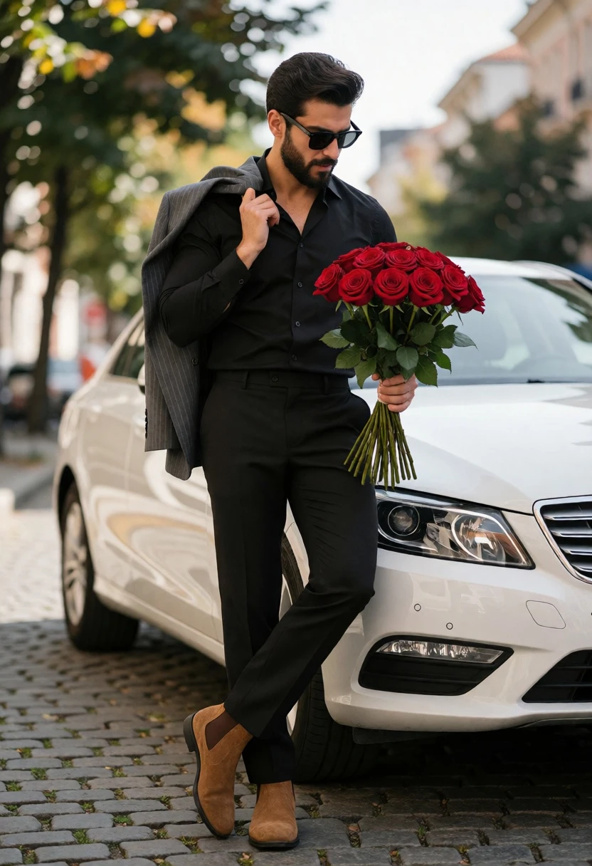 Stylish man leaning on white sedan on cobblestone street with red roses - AI generated image prompt sample