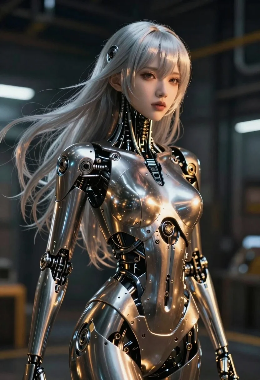 Metallic android with silver hair in industrial space