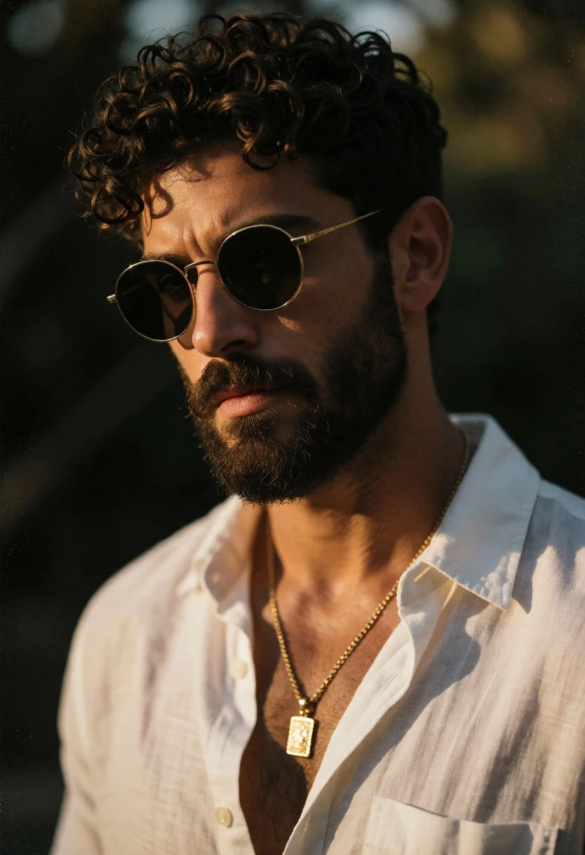 Close up portrait of bearded man in white linen shirt outdoors - AI generated image prompt sample