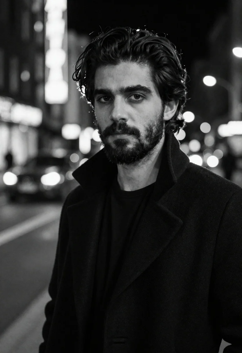 Black and white portrait of man in city night - AI generated image prompt sample
