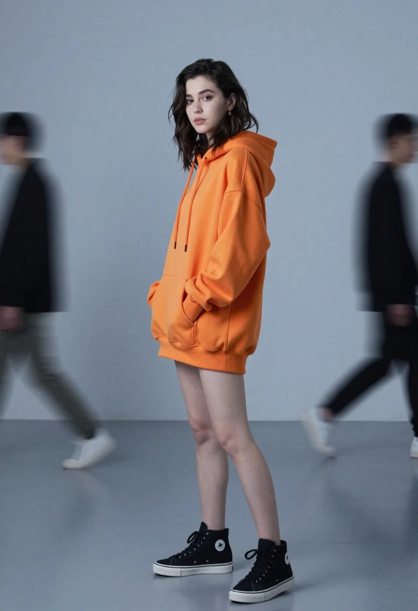 Studio portrait of woman in orange hoodie with dark hair - AI generated image prompt sample