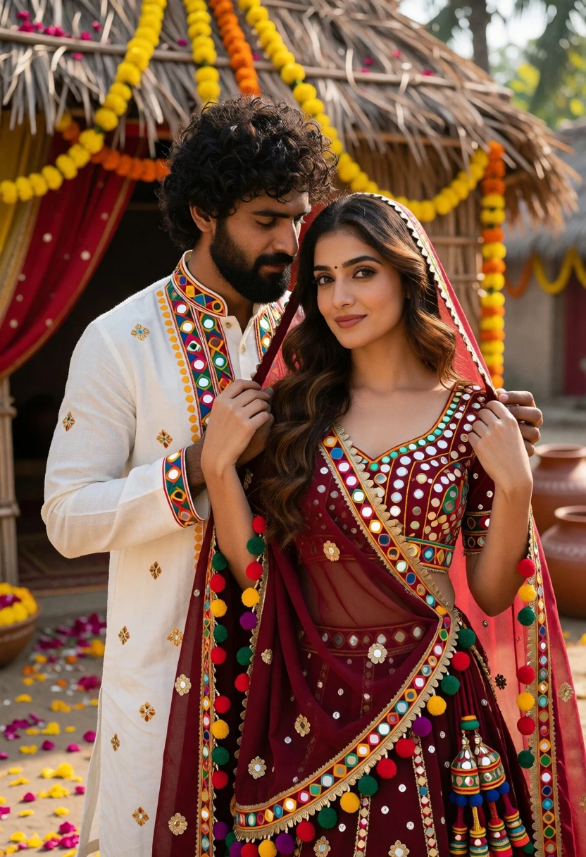 Romantic portrait of couple in indian wedding attire outdoors - AI generated image prompt sample