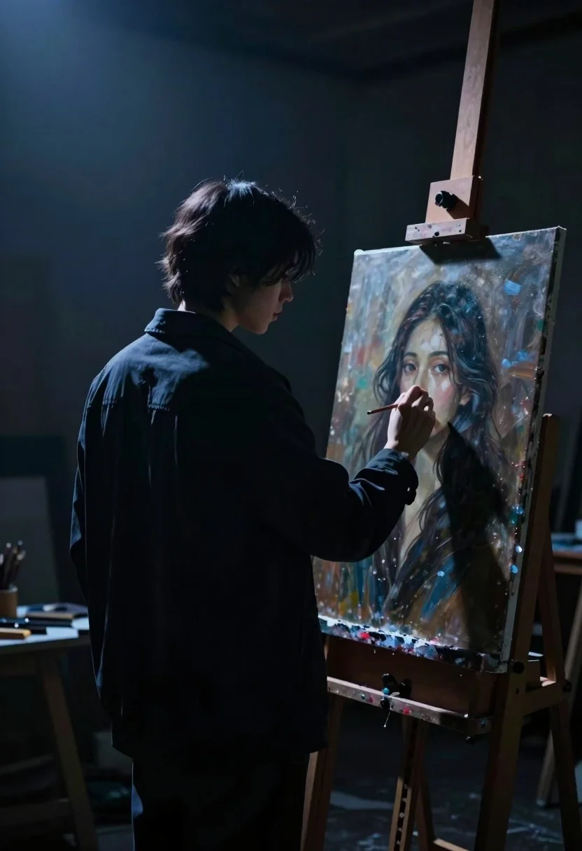 Solitary artist in dimly lit studio painting portrait under dramatic spotlight - AI generated image prompt sample