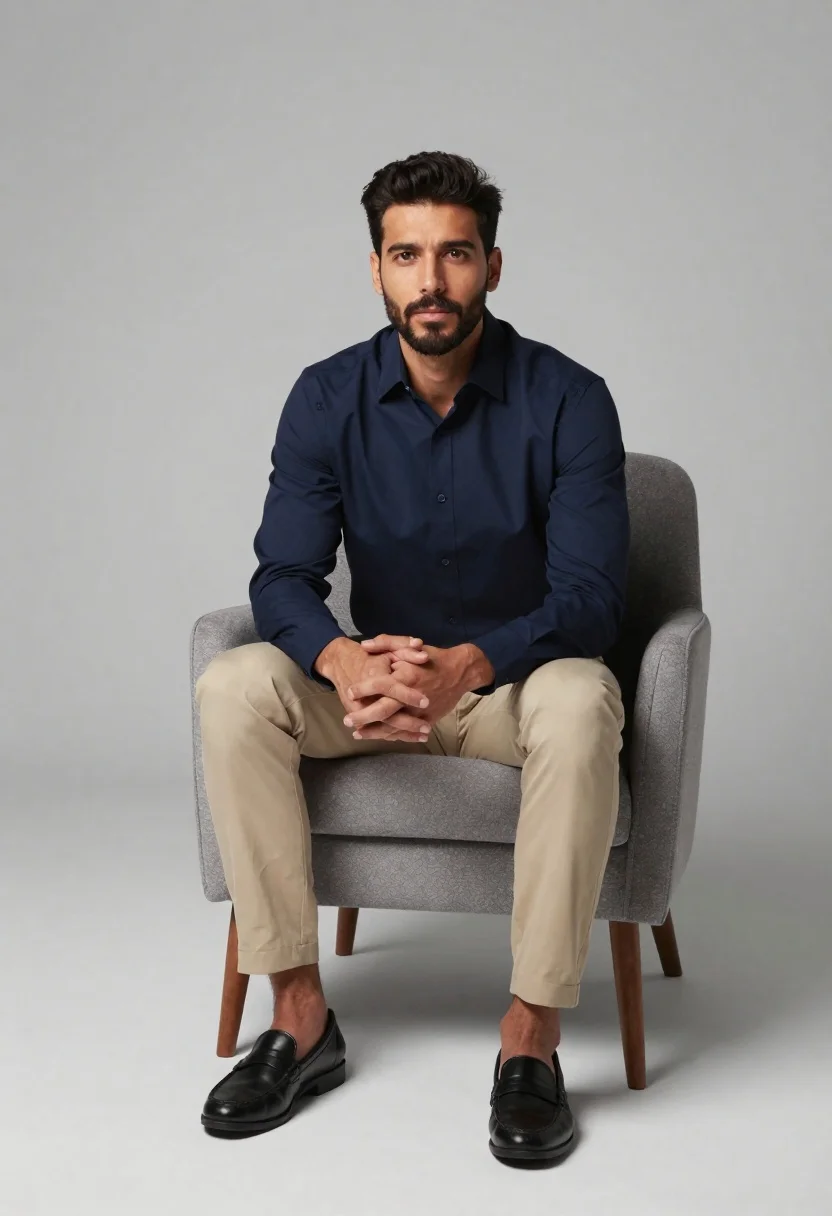 Man sitting in armchair against soft gray studio background - AI generated image prompt sample