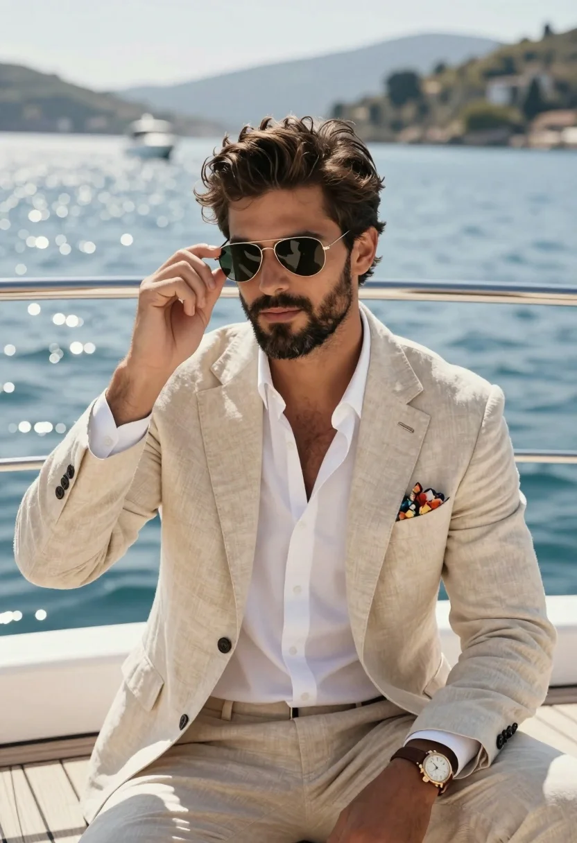 Handsome man in linen suit sitting on luxury yacht deck overlooking blue - AI generated image prompt sample