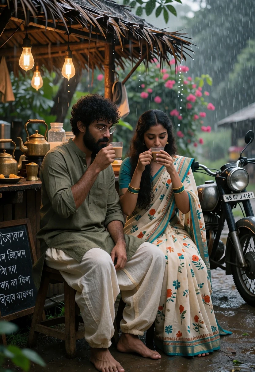 Couple sharing tea at rustic roadside stall during heavy rain - AI generated image prompt sample