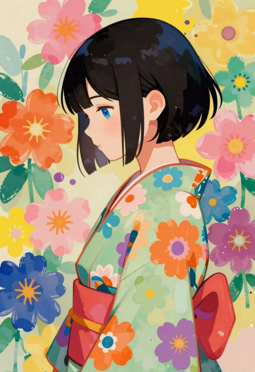 Anime girl with kimono top against abstract floral background