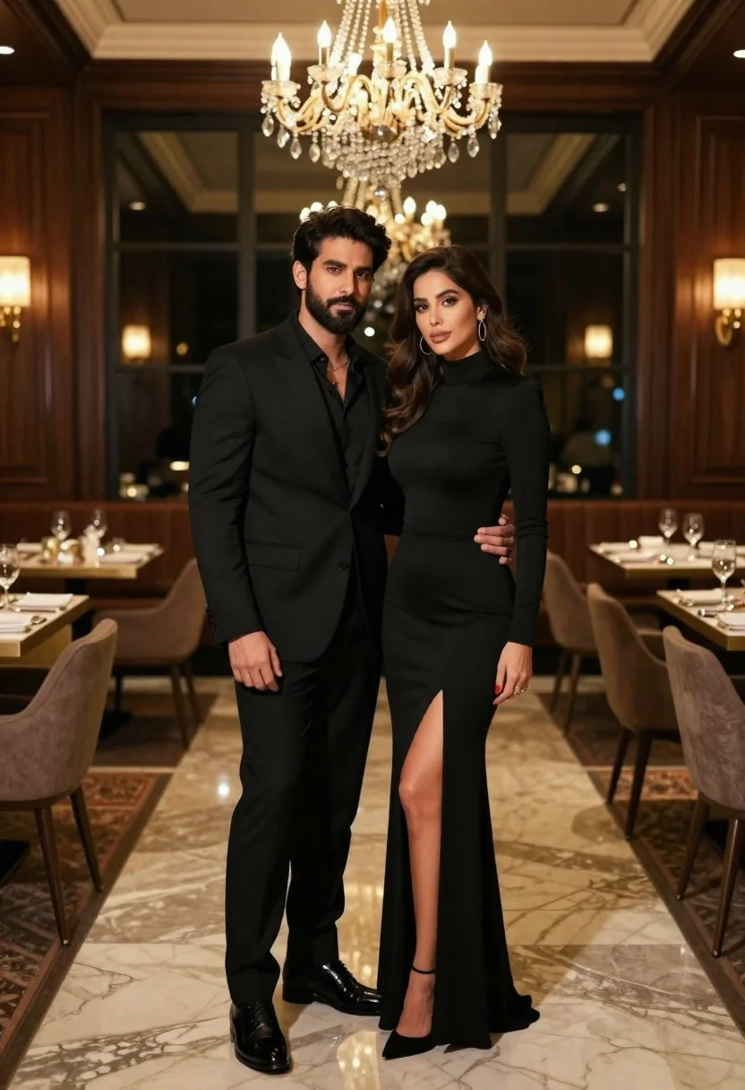 Stylish man and woman in black formal wear at luxury restaurant - AI generated image prompt sample