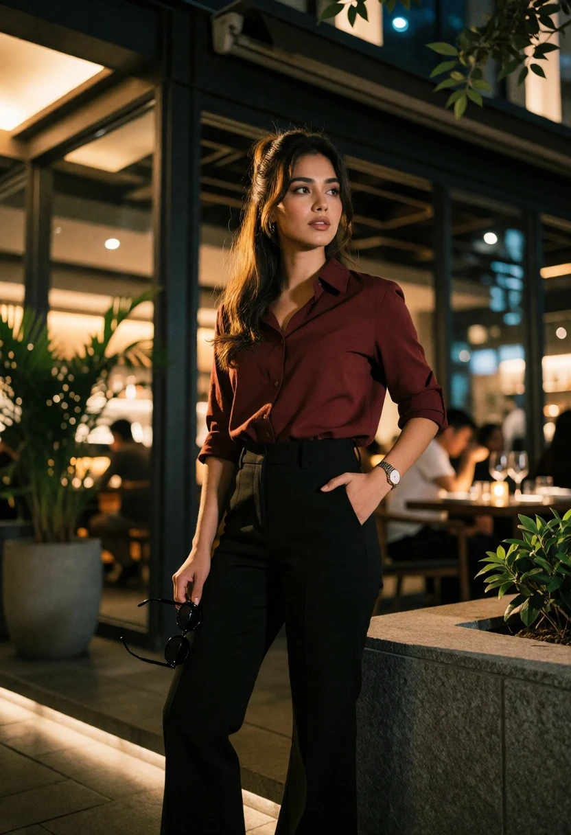 Young woman in maroon shirt outside upscale restaurant at night - AI generated image prompt sample