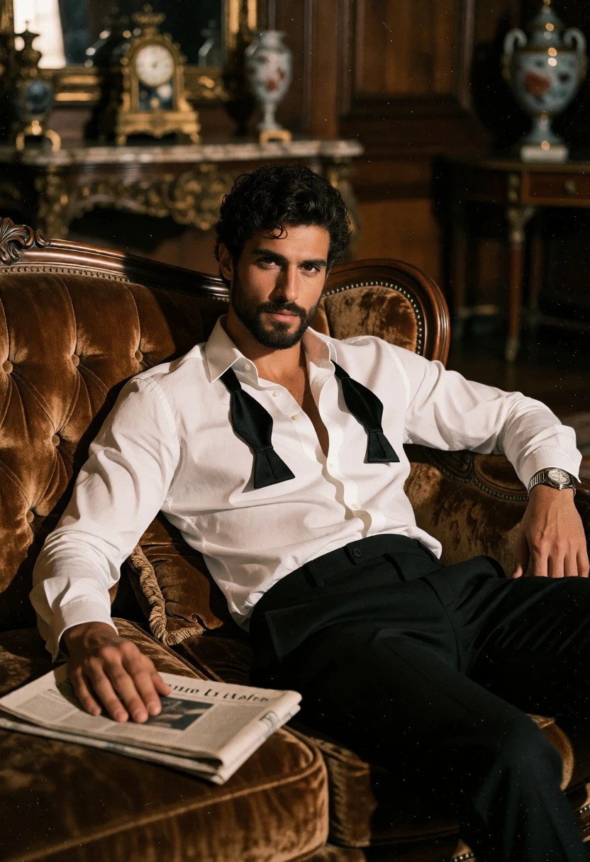 Handsome man lounging on brown velvet sofa in opulent richly decorated room - AI generated image prompt sample