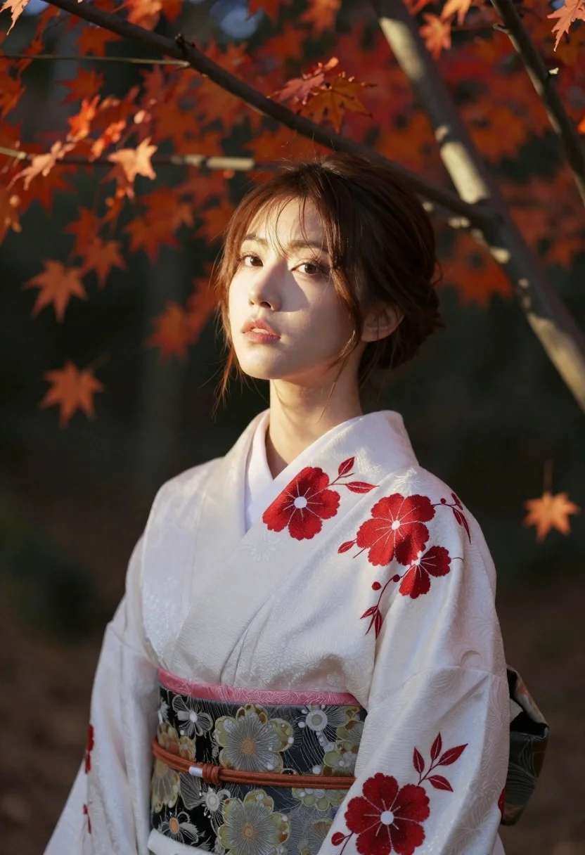 Woman in kimono portrait in autumn forest setting