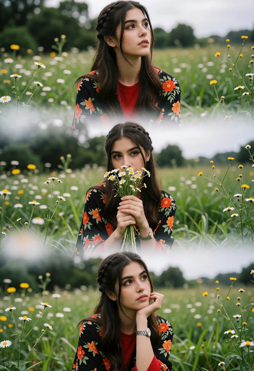 Triptych portrait of woman in meadow with wildflowers and soft mist - AI generated image prompt sample