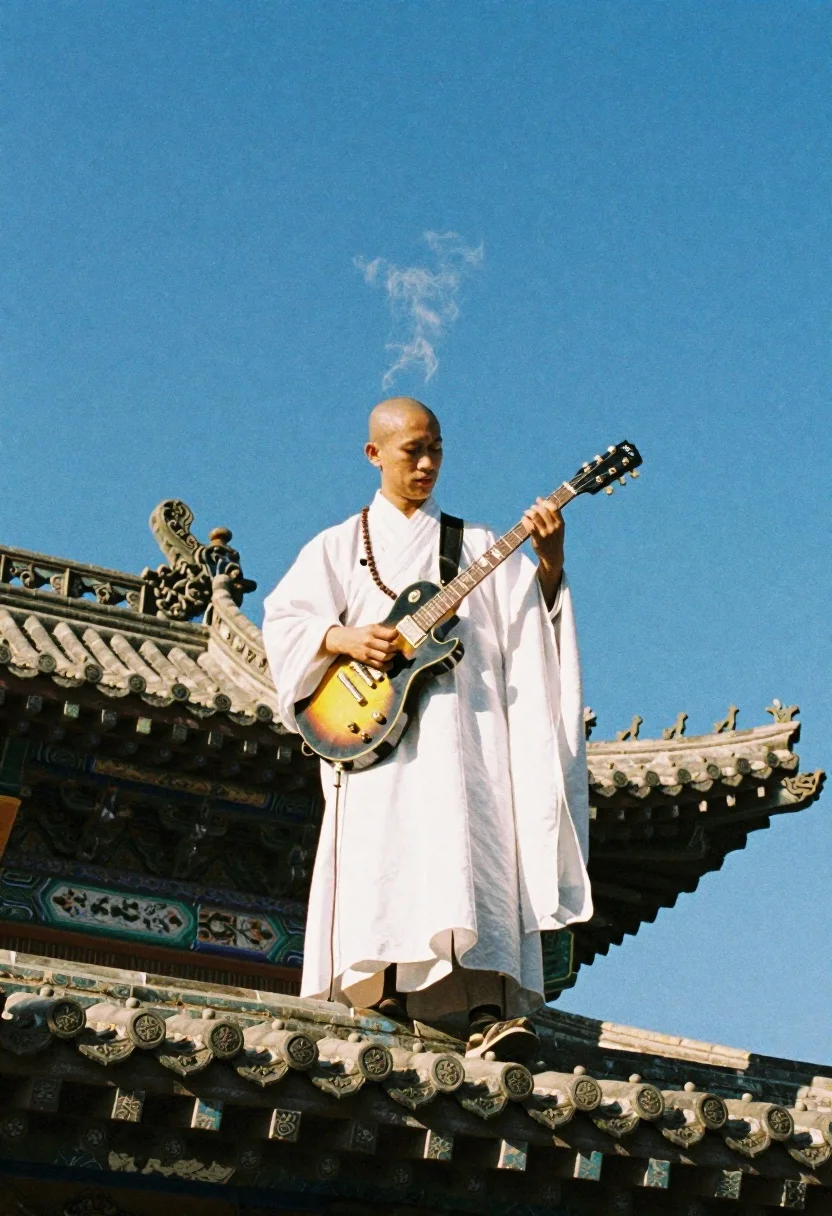 Monk playing electric guitar on temple roof