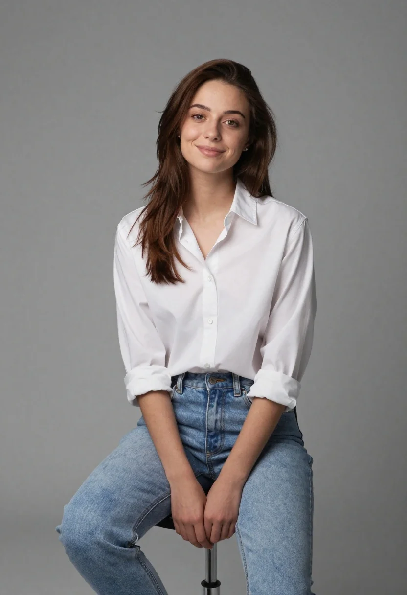 Young woman sitting against a plain gray studio background