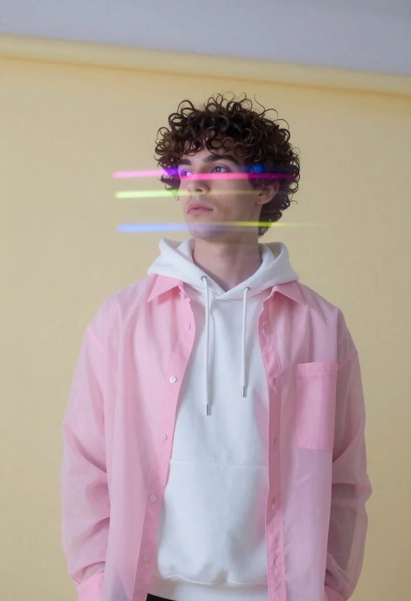 Young man in sheer pink shirt against pale yellow wall with light - AI generated image prompt sample