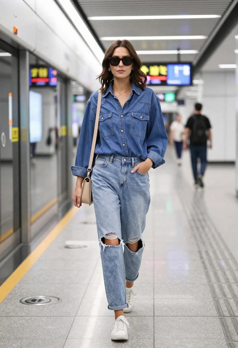 Young woman walking through modern subway station in denim attire - AI generated image prompt sample