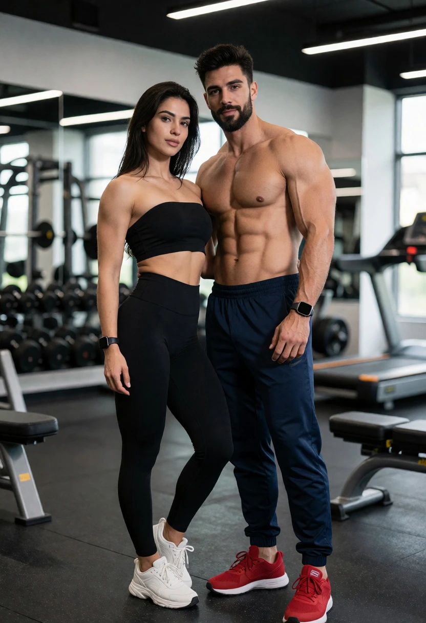 Muscular couple posing after workout in modern gym setting - AI generated image prompt sample