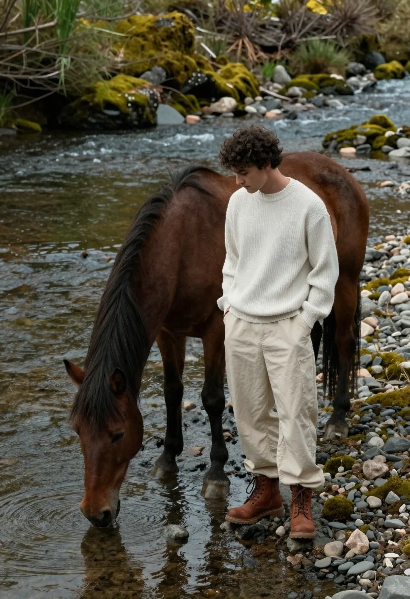 Young man standing by brown horse drinking from mossy riverbank - AI generated image prompt sample