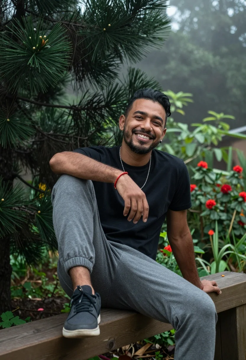 Smiling man in black tshirt sitting on wooden beam in lush garden - AI generated image prompt sample