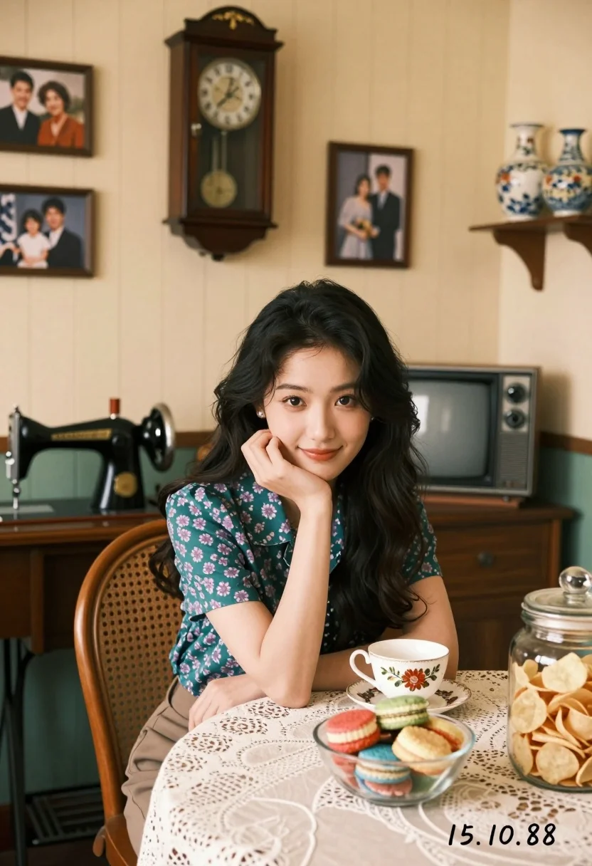 Young woman with dark hair smiling at table in retro dining room - AI generated image prompt sample
