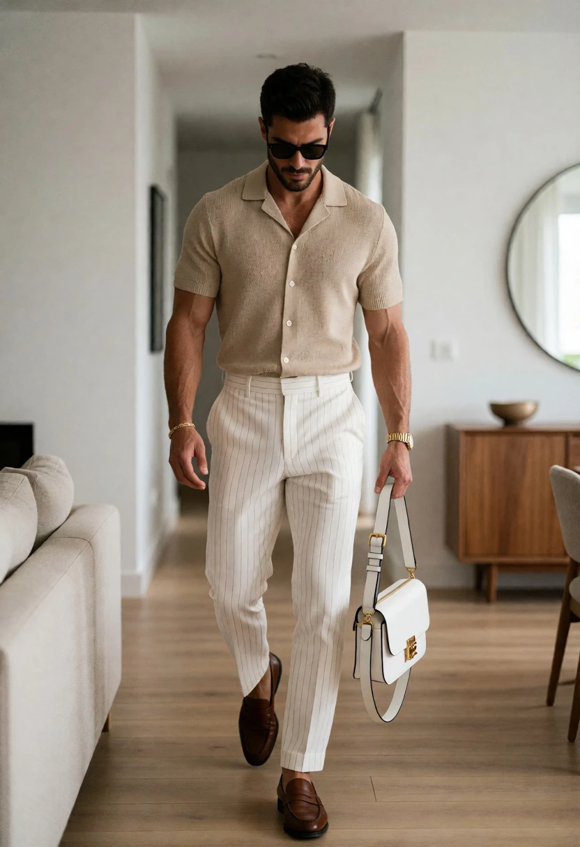 Stylish man walking through modern hallway wearing beige shirt and white bag - AI generated image prompt sample