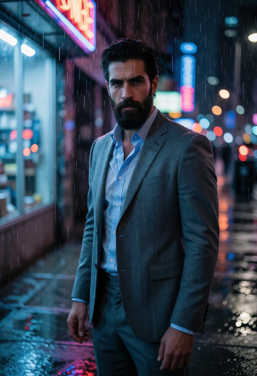 Man in grey suit on wet city sidewalk under neon lights at - AI generated image prompt sample