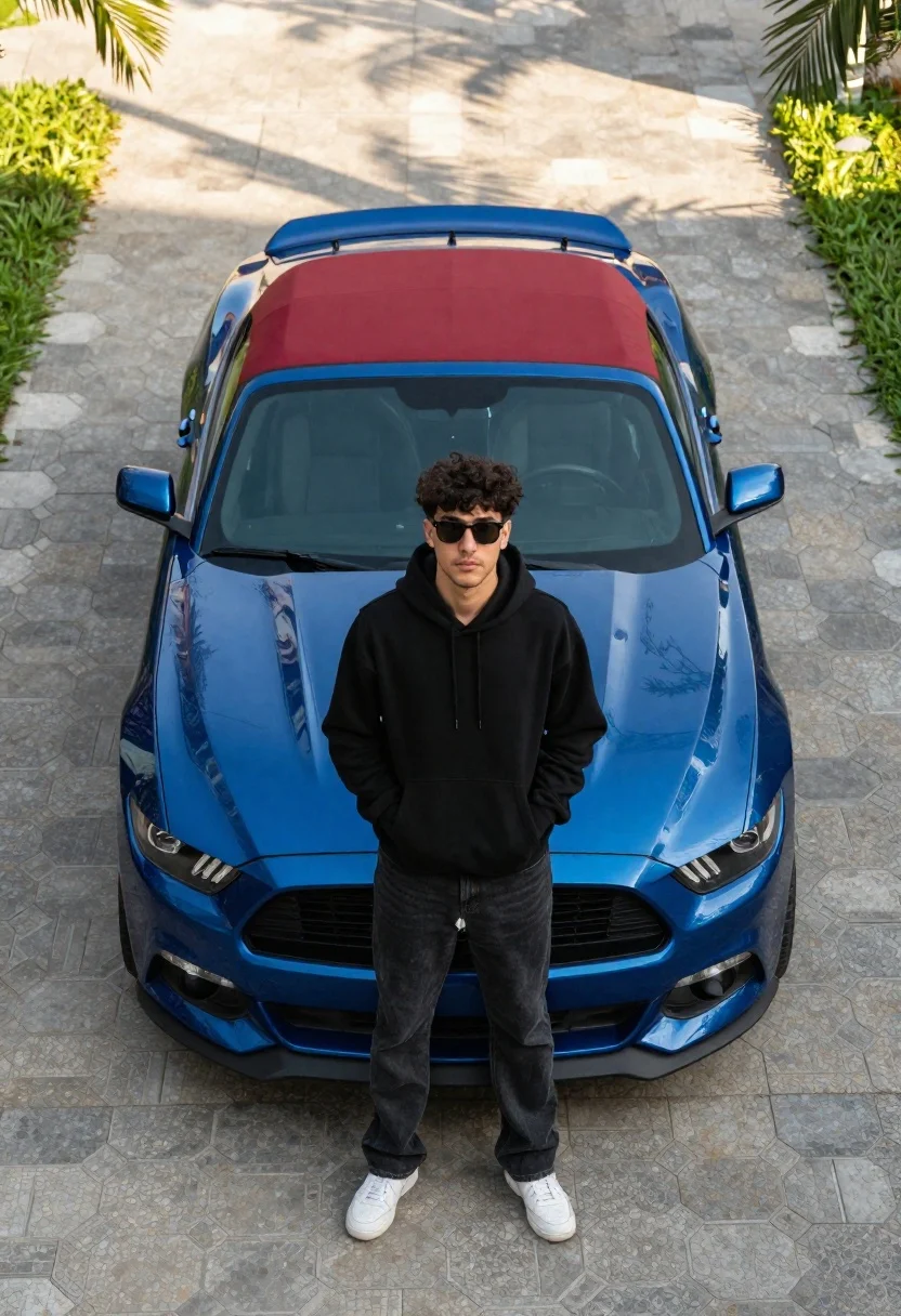 Young man standing by blue convertible sports car on paved driveway - AI generated image prompt sample