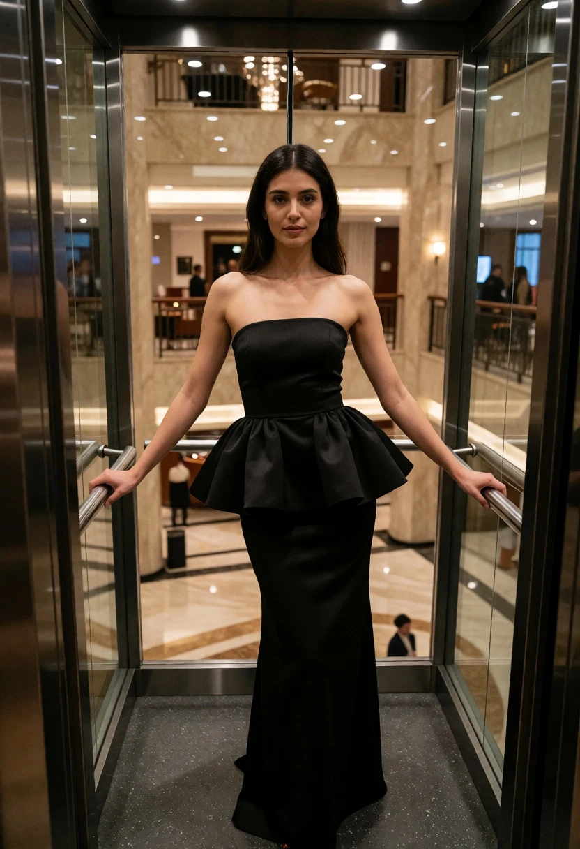 Woman in black gown inside glass elevator overlooking hotel lobby - AI generated image prompt sample
