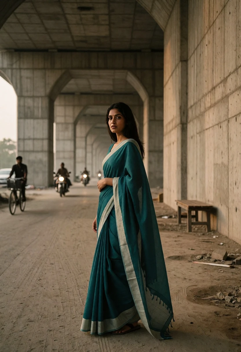 Woman in teal sari standing within massive concrete underpass structure - AI generated image prompt sample