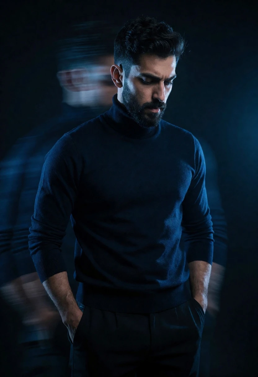 Man with beard in dark turtleneck against void background with blue light - AI generated image prompt sample