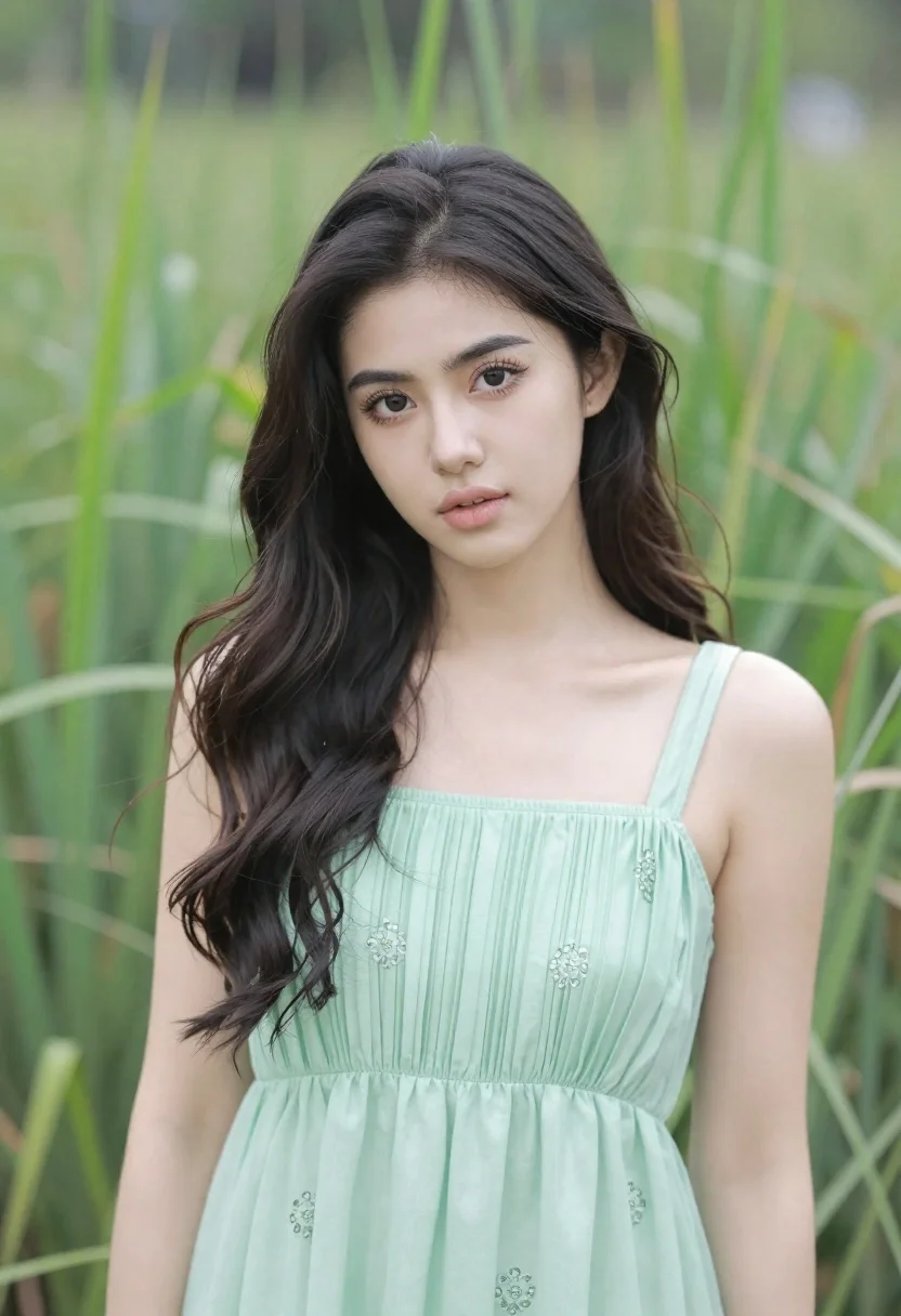 Portrait of young woman in light green dress against soft green bokeh