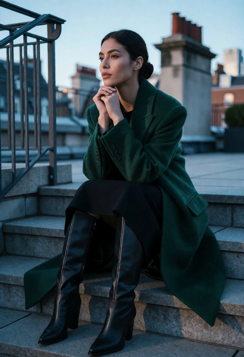 Woman in emerald coat sitting on stone steps overlooking urban rooftop view - AI generated image prompt sample