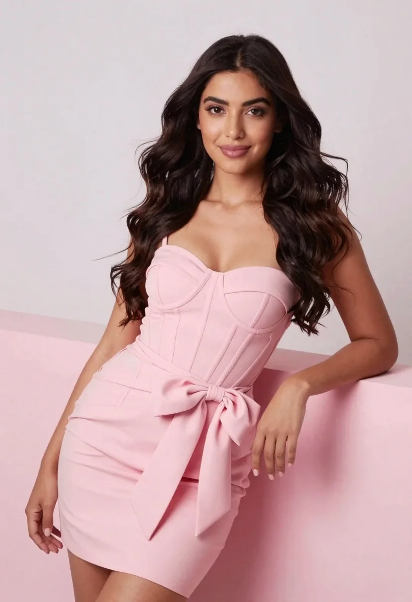 Young woman in light pink strapless dress posing against soft pink backdrop