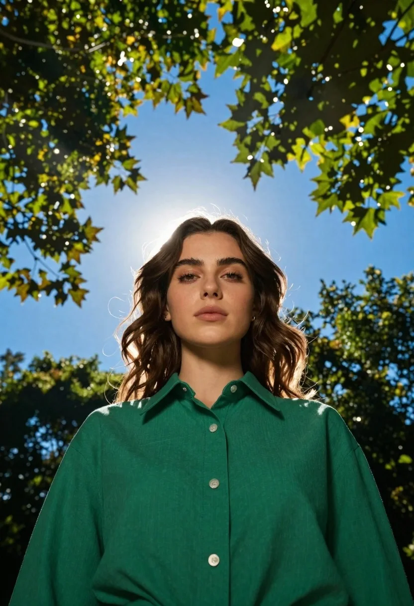Young woman in green shirt standing under trees against blue sky - AI generated image prompt sample