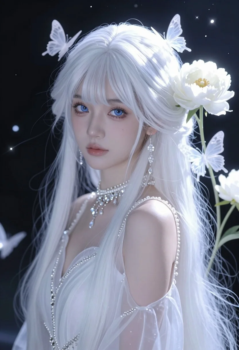 Close up portrait of woman with white hair near glowing ethereal flowers - AI generated image prompt sample
