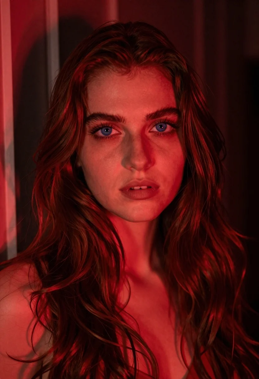 Close up portrait of woman with reddish brown hair under red light - AI generated image prompt sample