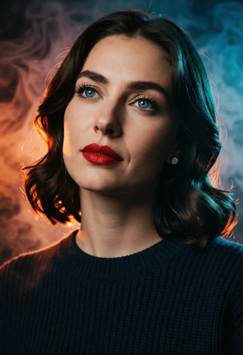 Close up portrait of woman with dark hair in smoky studio setting - AI generated image prompt sample