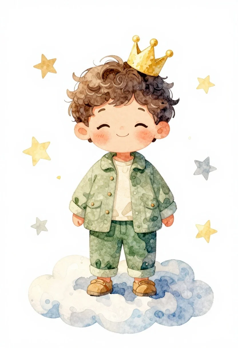 Watercolor illustration of boy on fluffy clouds