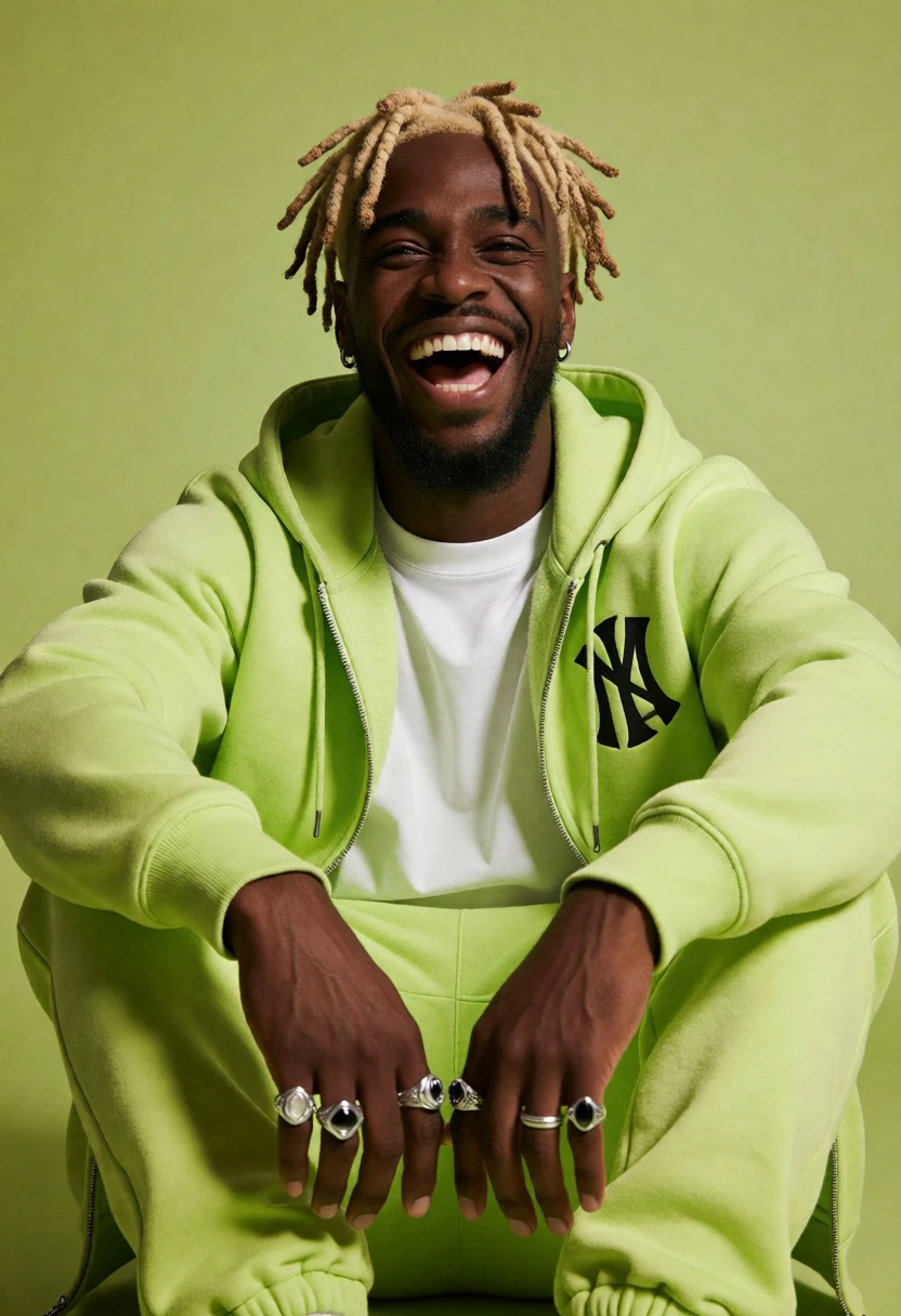 Black man laughing in lime green outfit against solid backdrop - AI generated image prompt sample