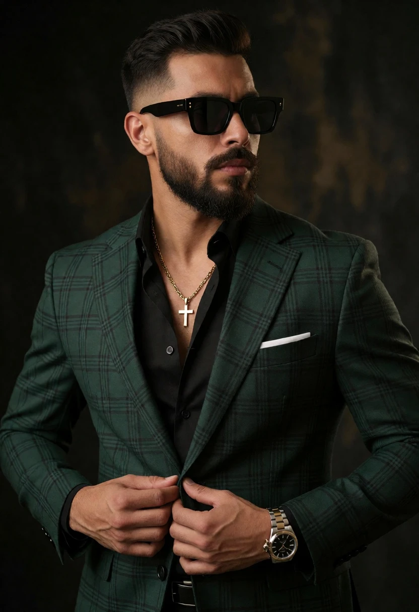 Man in green plaid suit adjusting jacket against dark moody studio background - AI generated image prompt sample