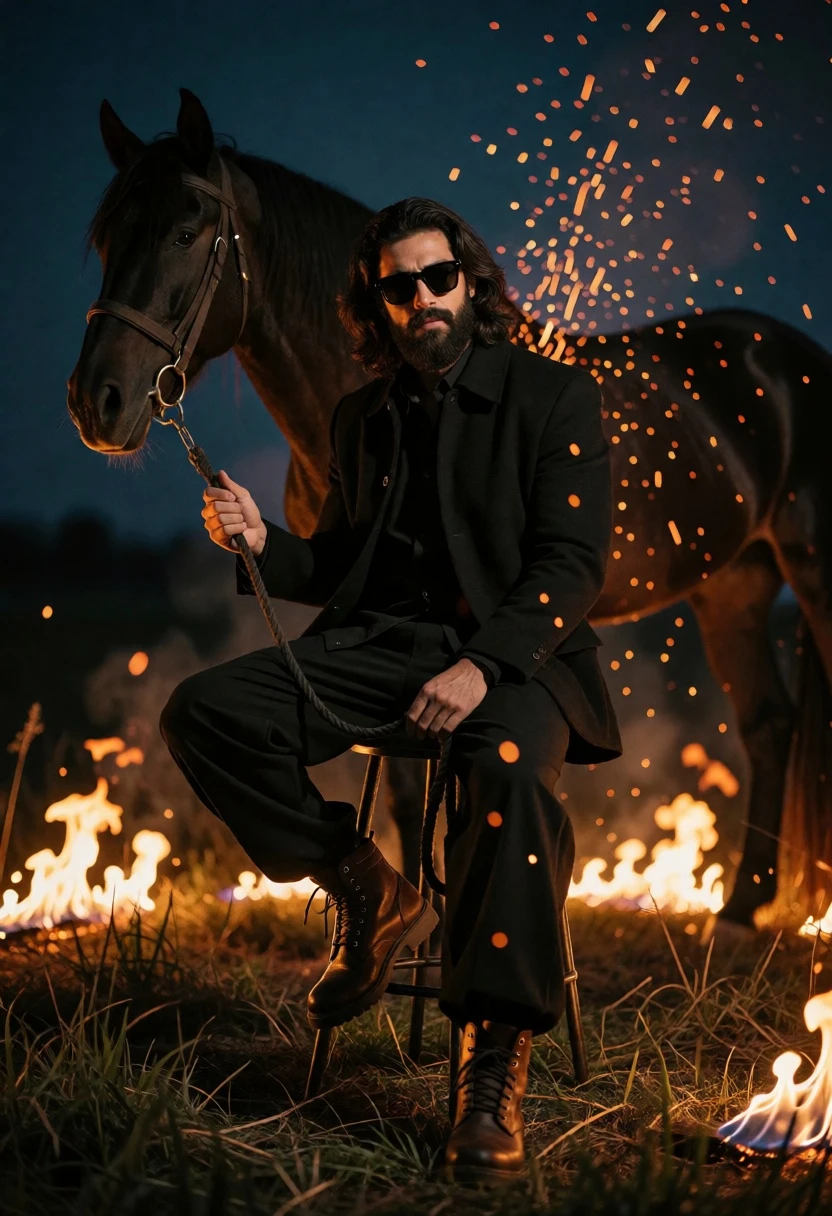 Man seated on stool in grassy field surrounded by flames and dark - AI generated image prompt sample