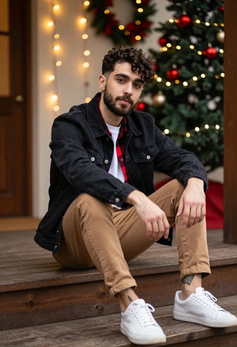 Young man with dark curly hair seated on wooden steps near holiday - AI generated image prompt sample