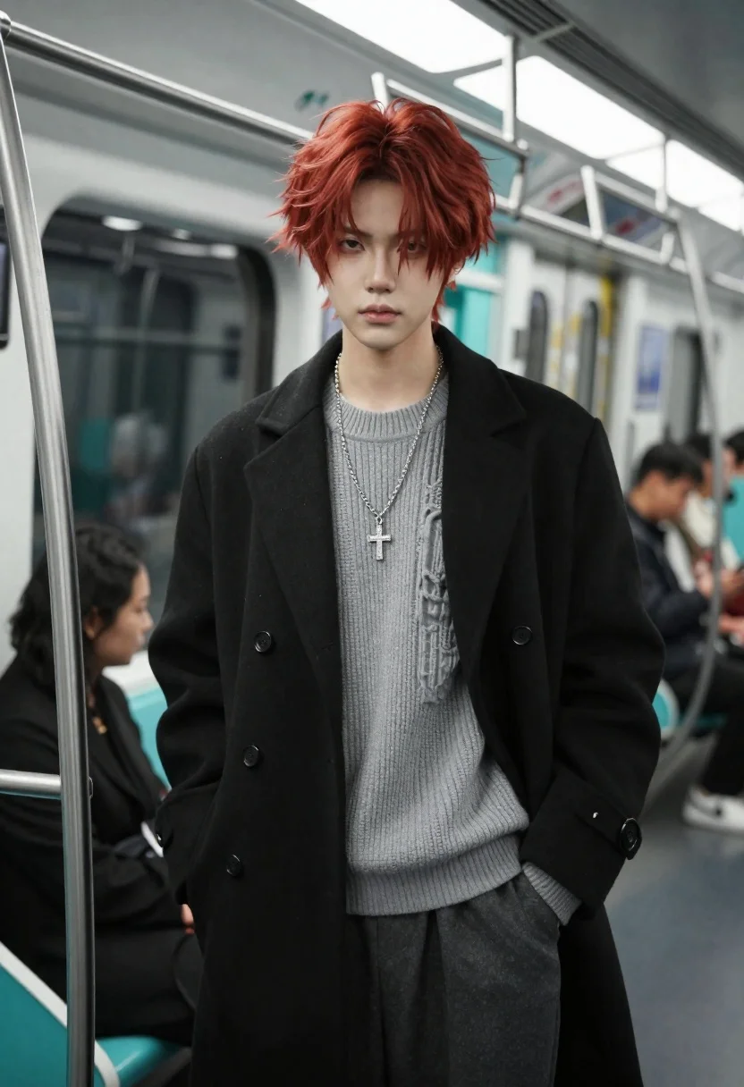Portrait of young person with red hair inside subway car interior - AI generated image prompt sample