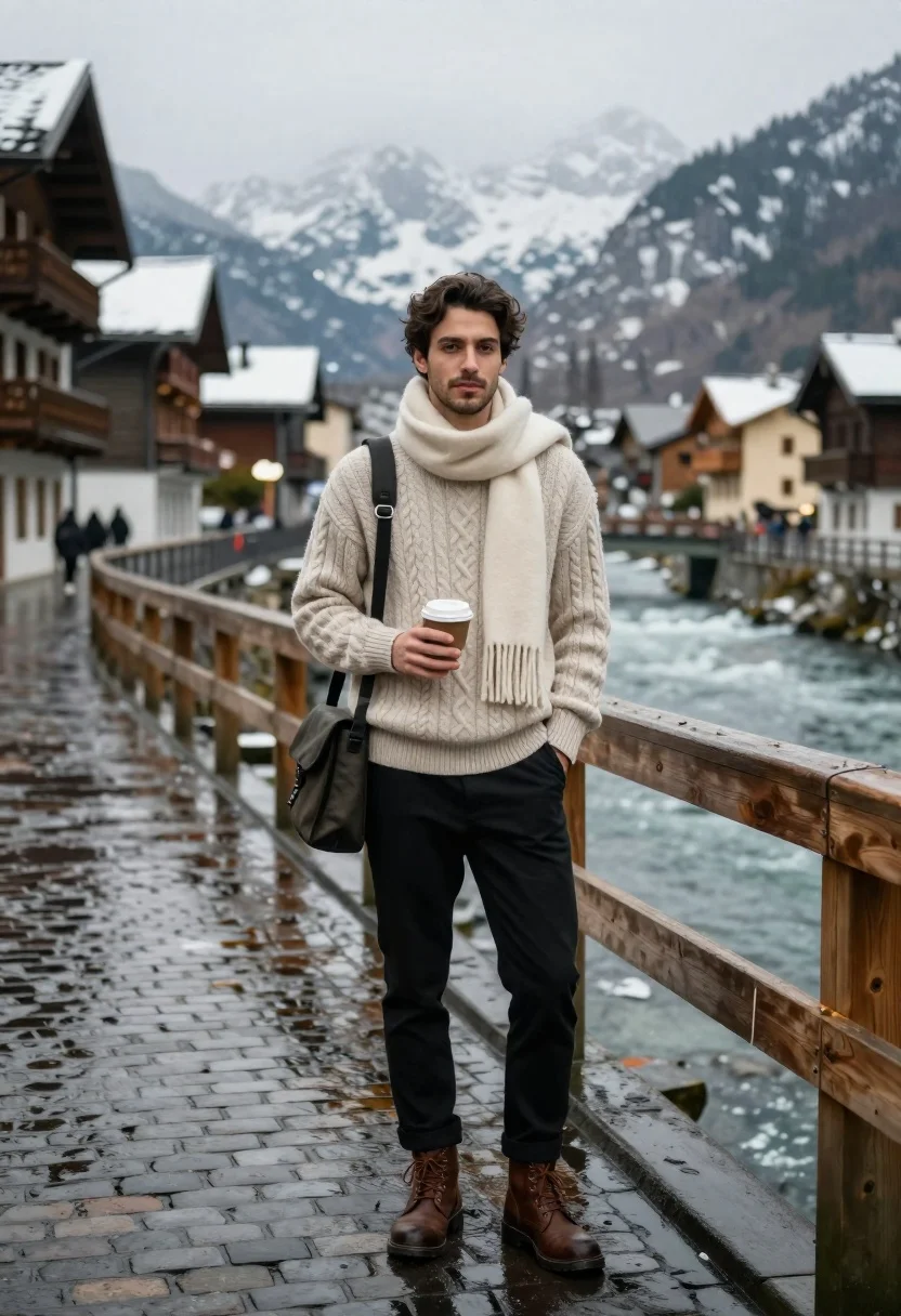 Young man in knit sweater holding coffee cup on snowy mountain street - AI generated image prompt sample