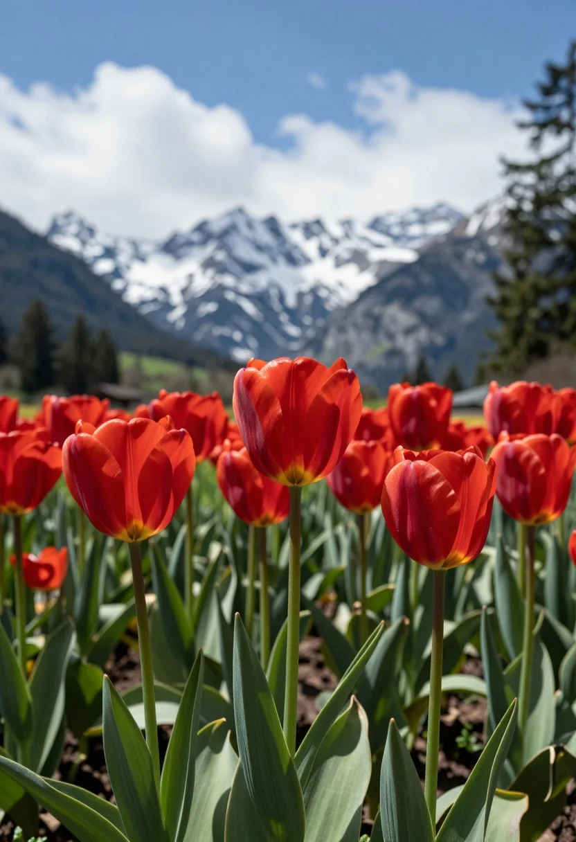 Vibrant field of red tulips in a meadow before snow capped mountains - AI generated image prompt sample