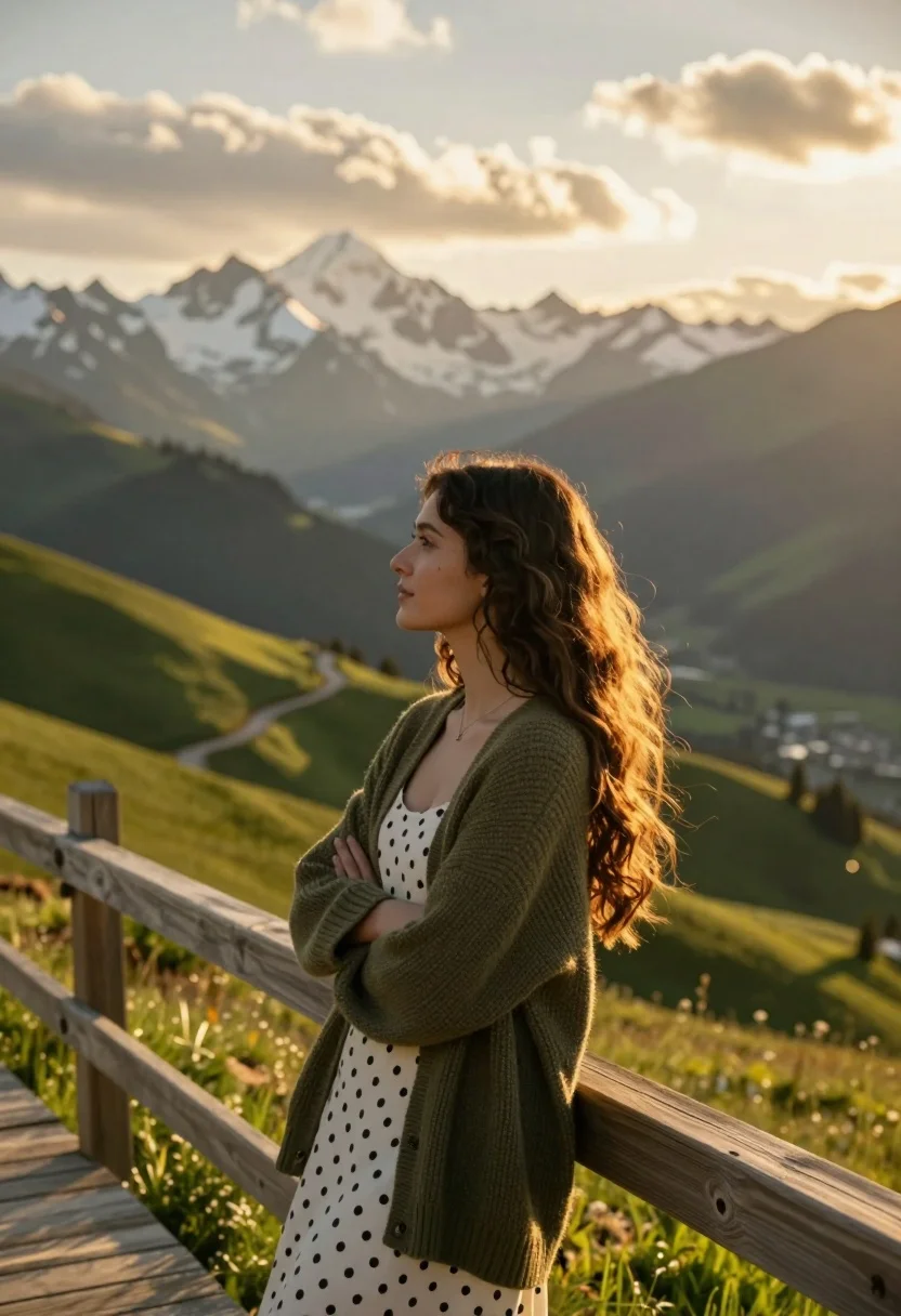 Young woman in olive cardigan on wooden walkway overlooking mountain valley at - AI generated image prompt sample