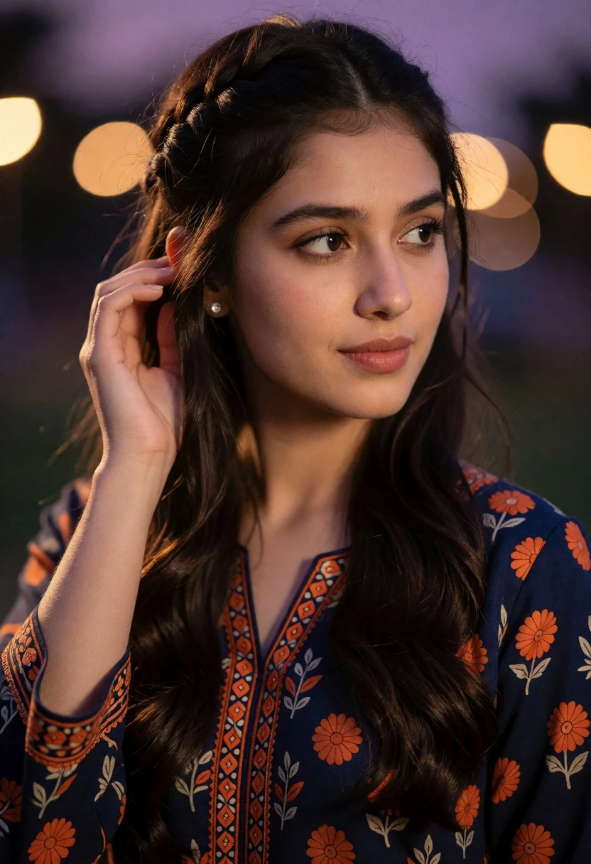 Young woman in navy top touching ear against deep purple bokeh background - AI generated image prompt sample