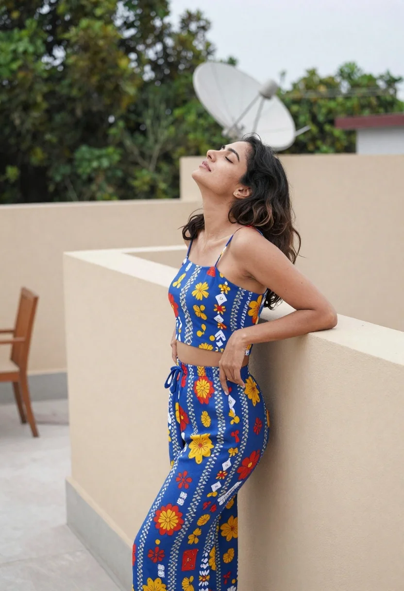 Woman in blue floral outfit on rooftop terrace enjoying soft daylight